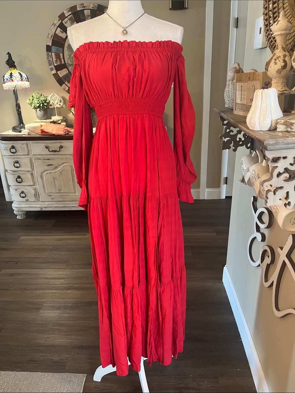 Off-Shoulder Red Maxi Dress with Smocked Waist